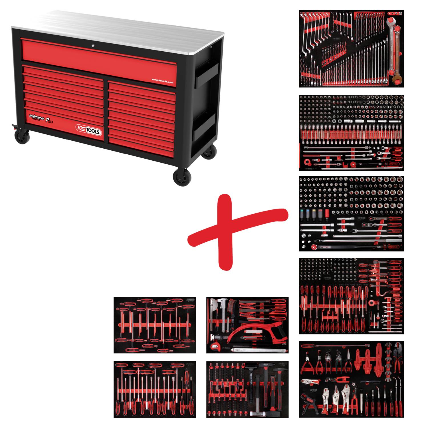Piros szerszámoskocsi több fiókkal, különböző szerszámokkal megtöltve. Jobbra rendszerezett szerszámkészletek láthatók.