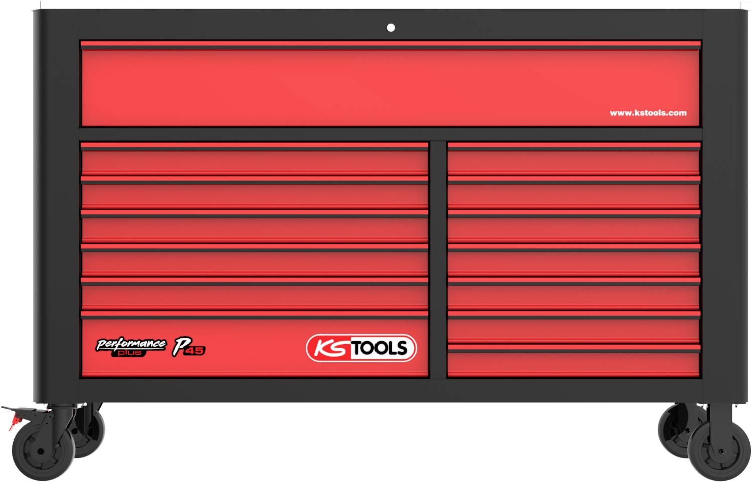 Nagy piros szerszámoskocsi több fiókkal és fekete kerekekkel, 'KS TOOLS' felirattal.