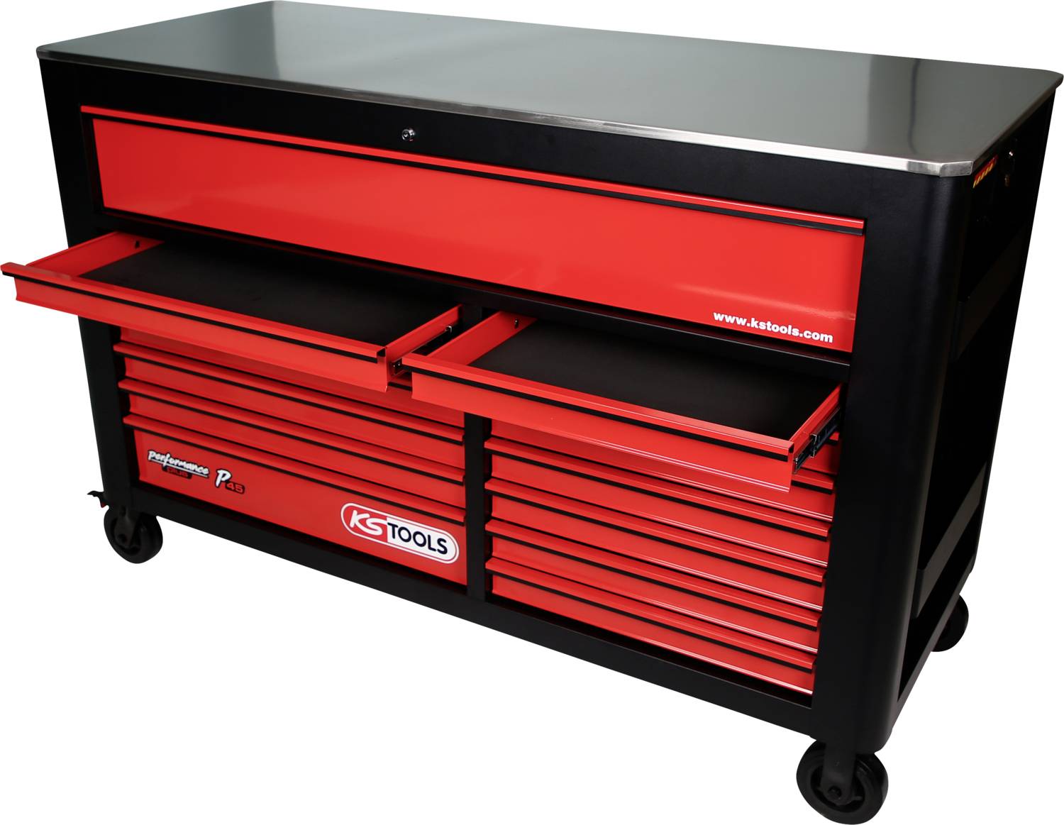 Piros szerszámos kocsi több fiókkal, kerekeken, amelyet szerszámok tárolására és rendszerezésére terveztek műhelyekben.