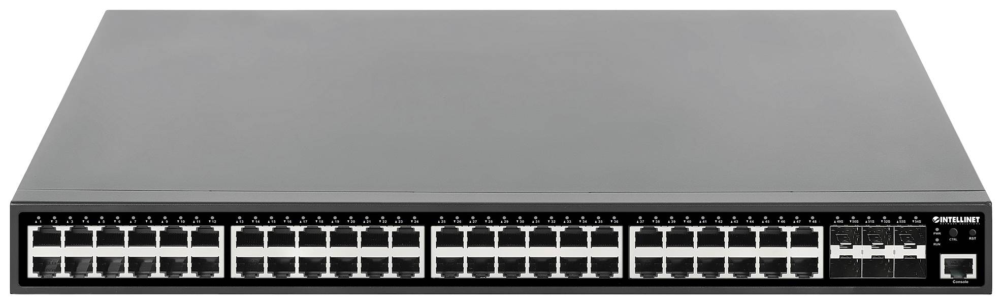 Egy fekete hálózati switch 48 Ethernet-porttal és további SFP-portokkal a jobb oldalán, amely nagy hálózatok számára alkalmas.