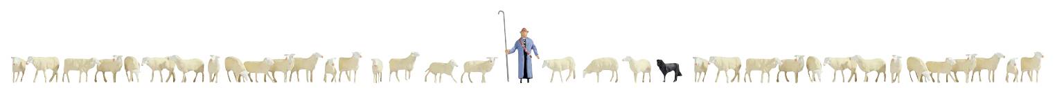 Egy hosszú sor juh, középen egy pásztorral, aki botot tart a kezében. Egy magányos fekete kutya áll a pásztor mellett.