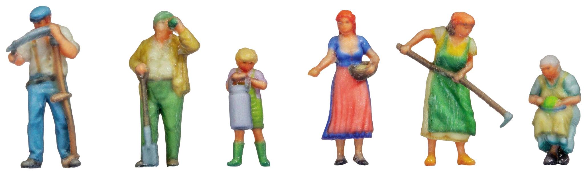 Hat tarka miniatűr figura különböző munkavégzési pozíciókban, köztük szerszámokkal és terménnyel, mezőgazdasági tevékenységeket szimbolizál.