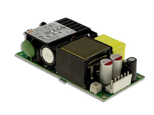 Egy nyitott tápegység-modul elektronikus alkatrészekkel, mint például transzformátor, kondenzátorok és csatlakozók egy áramköri kártyán.