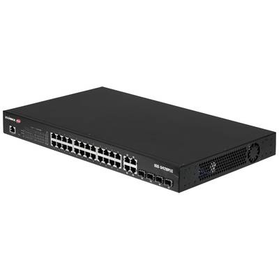 Egy fekete hálózati switch több Ethernet-porttal az elején és egy ventilátorral az oldalán.