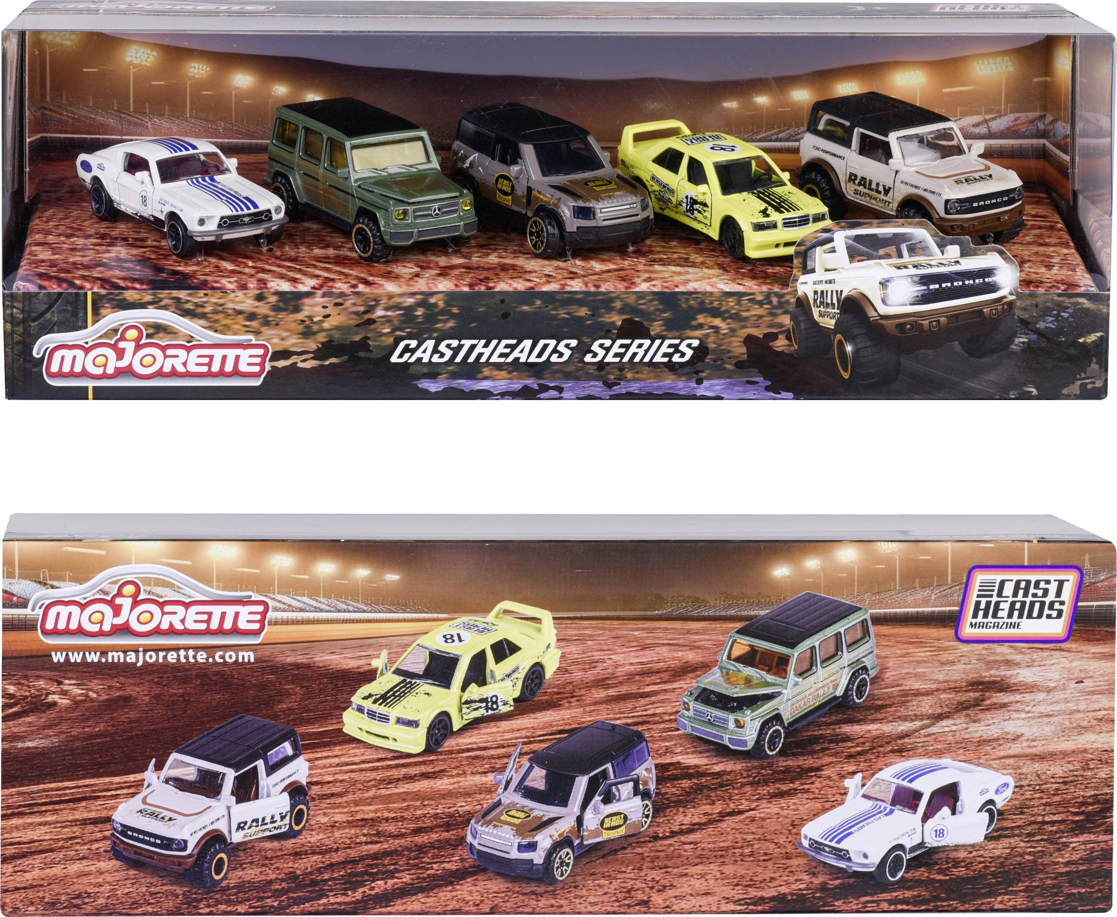A 'Majorette' Modellautó-szett 'Castheads Sorozat' hat off-road és rallyjárművel egy versenypályán, dekoratív csomagolásban.
