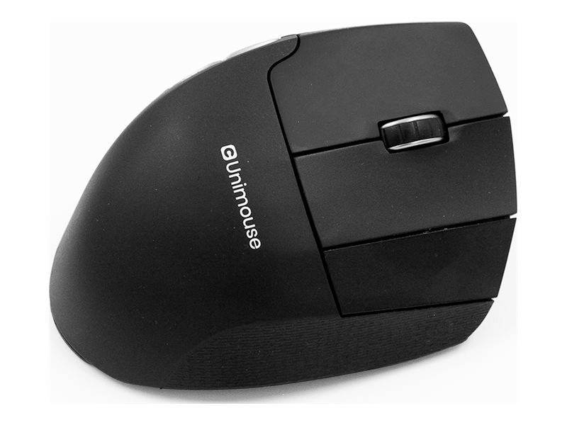 Fekete ergonomikus számítógépes egér két gombbal és görgetőkerékkel, "Gunimouse" felirattal ellátva. Utal egy függőleges fogásmódra.