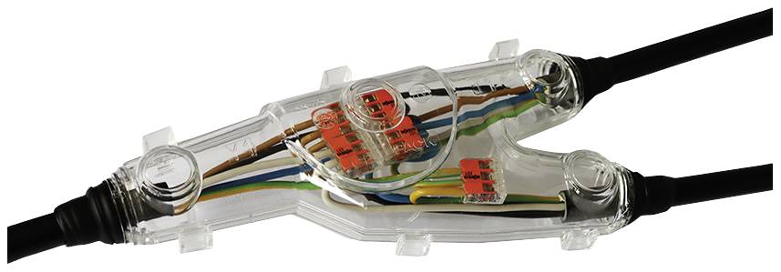Egy átlátszó kábel csatlakozó, amely több színes kábelt köt össze. Alkalmas elektromos szerelésekhez.