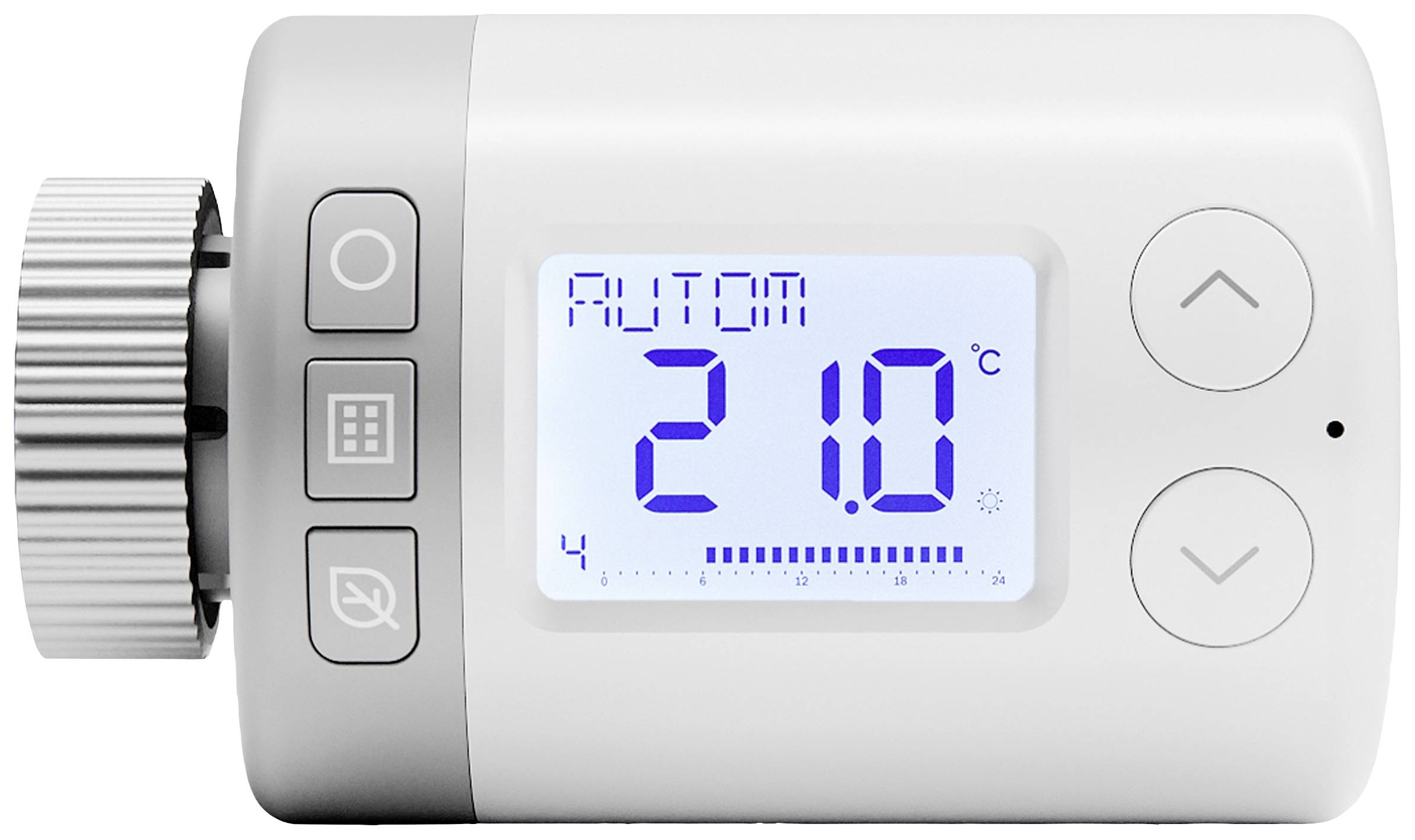 Elektronikus radiátorszelep kijelzője '21.0 °C' hőmérsékletet mutat, nyílgombokkal a hőmérséklet beállításához és üzemmódok szimbólumaival.