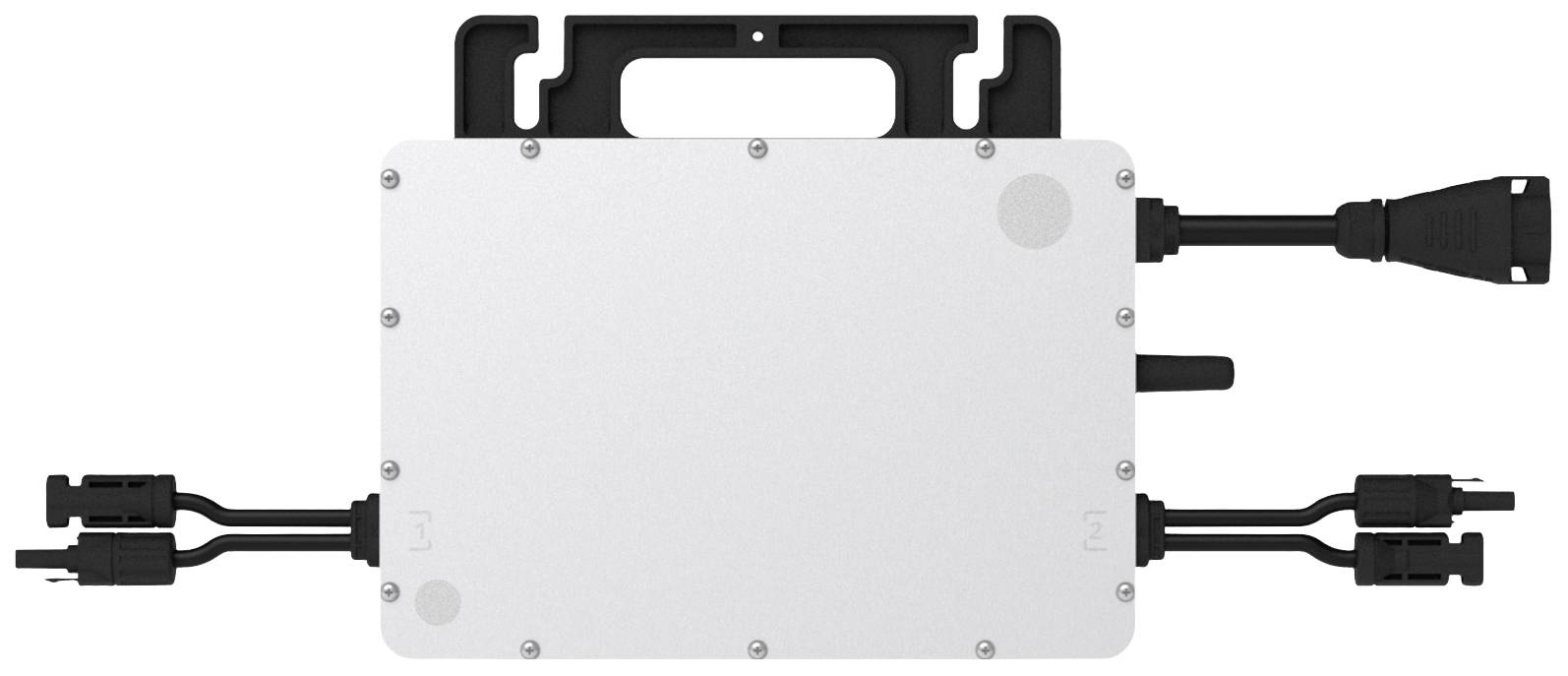 Mikroinverter több kábelbemenettel, téglalap alakú házban, napelemes rendszerekhez, egyenáram váltóáramra történő átalakítására alkalmas.