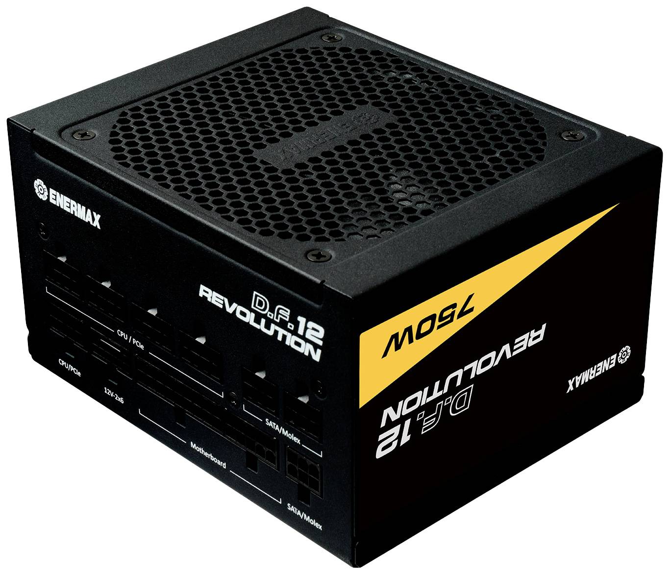 A kép egy Enermax Revolution D.F. 12 számítógépes tápegységet mutat 750W teljesítménnyel. Fekete színű, sárga és fehér feliratokkal.