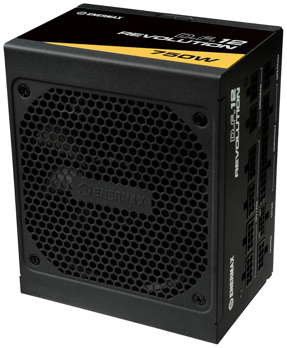 Enermax fekete PC-tápegysége, a 'Revolution D.F. 2' modell, 750W teljesítménnyel. A ventilátor rácsozata látható.
