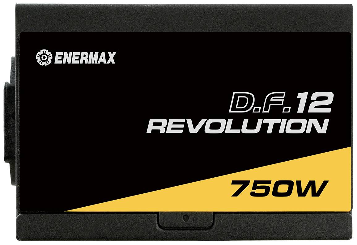 Enermax számítógép tápegység, 'D.F.12 Revolution' modell, teljesítmény: 750W. Fekete ház sárga felirattal.