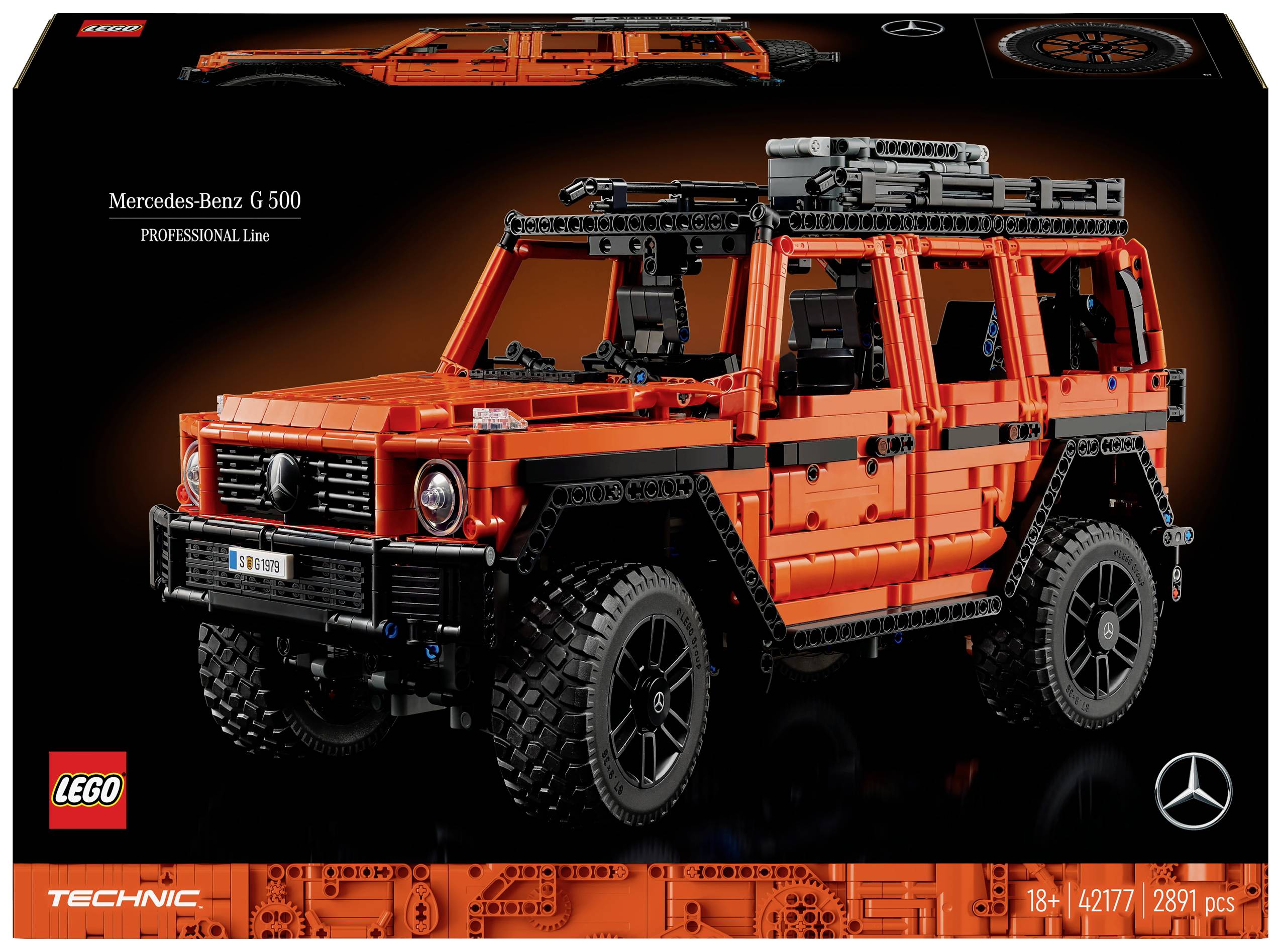 Egy LEGO Technic készlet egy narancssárga Mercedes-Benz G 500 modellel, 18 éves kor feletti felhasználók számára.