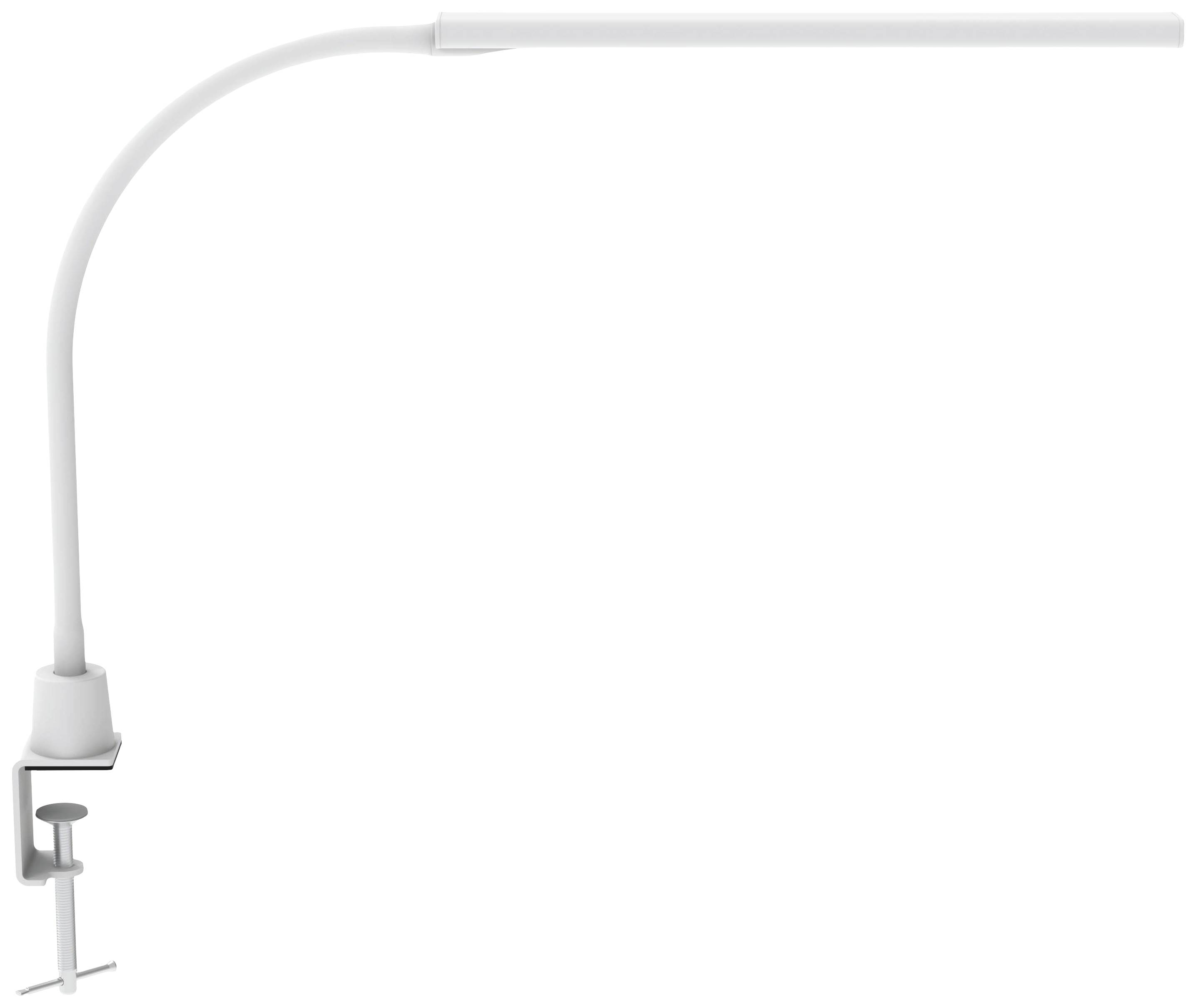 Egy fehér, hajlított LED-es íróasztali lámpa, amelyet egy csipesz segítségével lehet rögzíteni az asztal szélére. Modern és minimalista kialakítás.