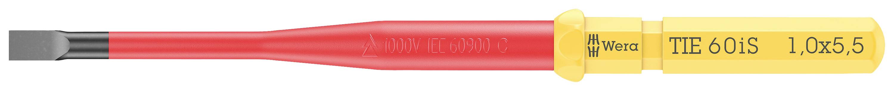 Wiha TIE 6.0 SL szigetelt lapos csavarhúzó, piros-sárga markolattal, 1,0x5,5 mm-es hegyű. Elektromos munkákhoz alkalmas.
