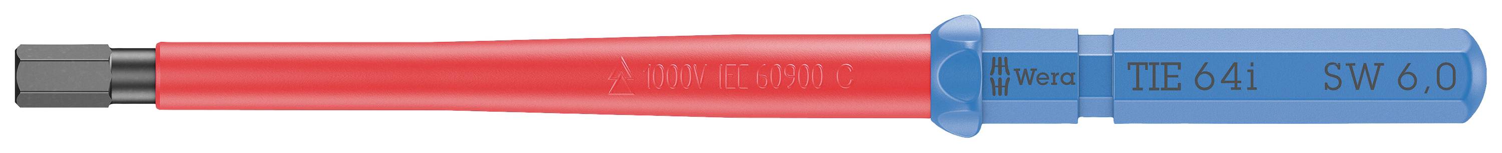 Egy piros markolatú és kék hatszögfejű csavarhúzó, amelyen 'TX6.4' és 'SW6.0' felirat szerepel. Torx-csavarokhoz alkalmas.