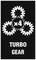 'Három egymásba kapcsolódó fogaskerék, amelyen felül x4 felirat látható, alatta pedig a TURBO GEAR szöveg.'
