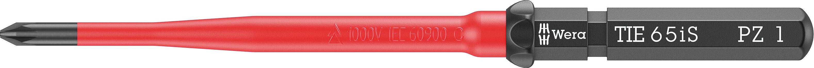 Egy elszigetelt, piros markolatú és fekete fejű csavarhúzó, amelyen a 'Wera' és 'PZ 1' jelölés látható, Pozidriv típusú csavarokhoz.