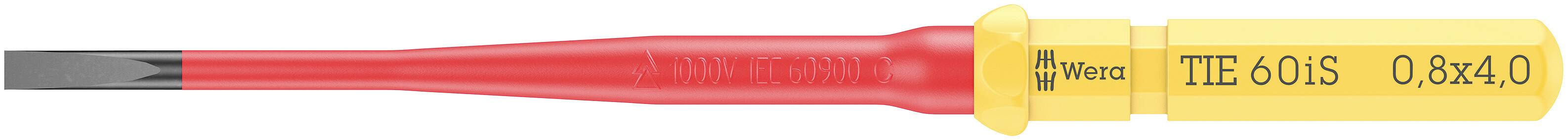 Egy piros markolatú és sárga hegyű csavarhúzó, amelyen a 'Wera' és a '0.8x4.0' felirat szerepel.