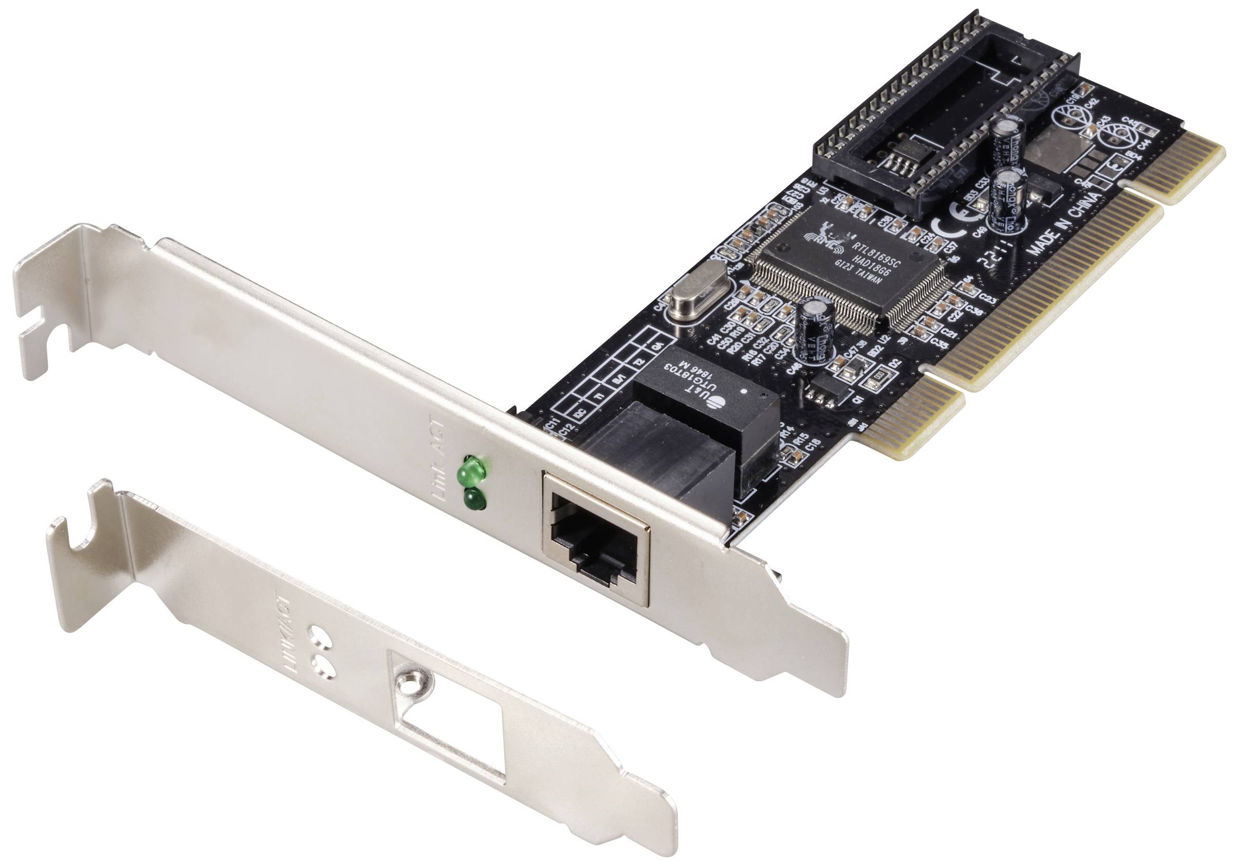 Hálózati kártya Ethernet-porttal és áramköri lappal, különálló fémtartóval ábrázolva.