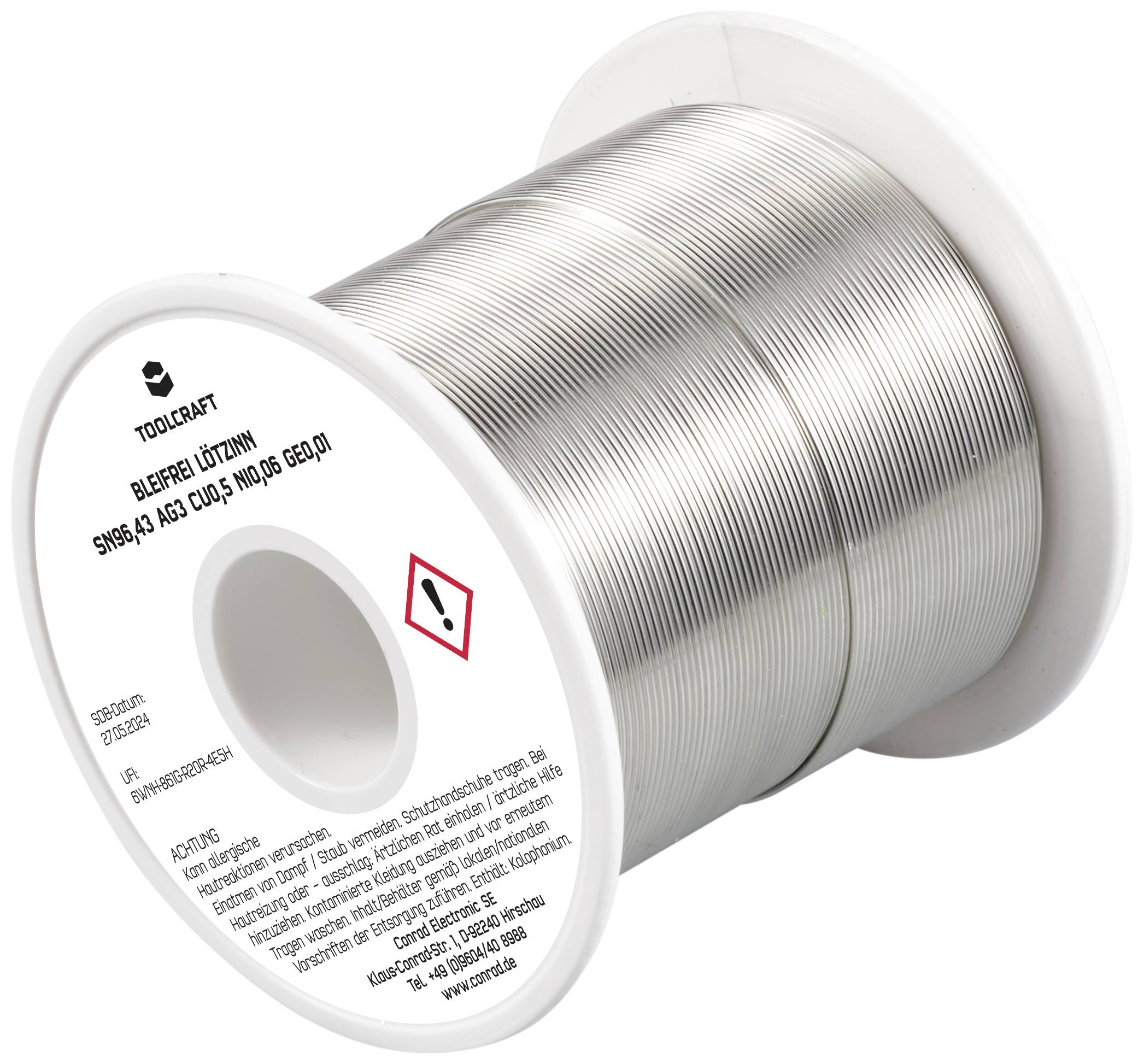 TOOLCRAFT TO-9503331 Forrasztóón, ólommentes Tekercs Sn96,43Ag3Cu0,5Ni0,06Ge0,01 ROL1 250 g 0.7 mm