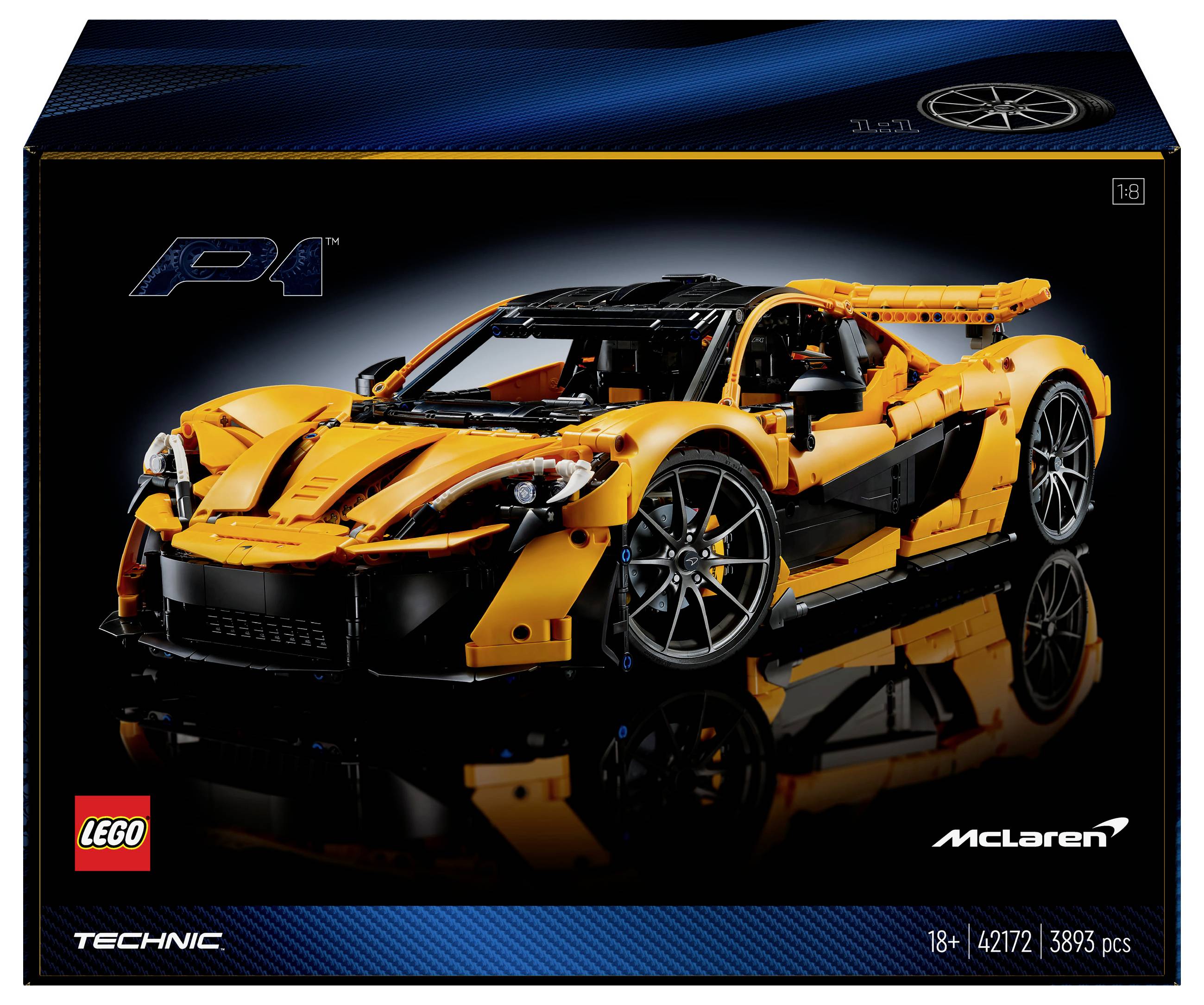Egy McLaren narancssárga sportautó LEGO Technic szett, 42127-es készletszámmal és 3893 darabbal. 18 éves kor felett ajánlott.