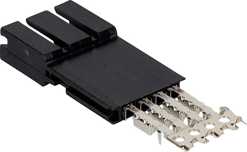 Egy fekete, háromtűs elektronikus csatlakozó látható fémtűkkel, amelyet elektronikai komponensek összekapcsolásához használnak.