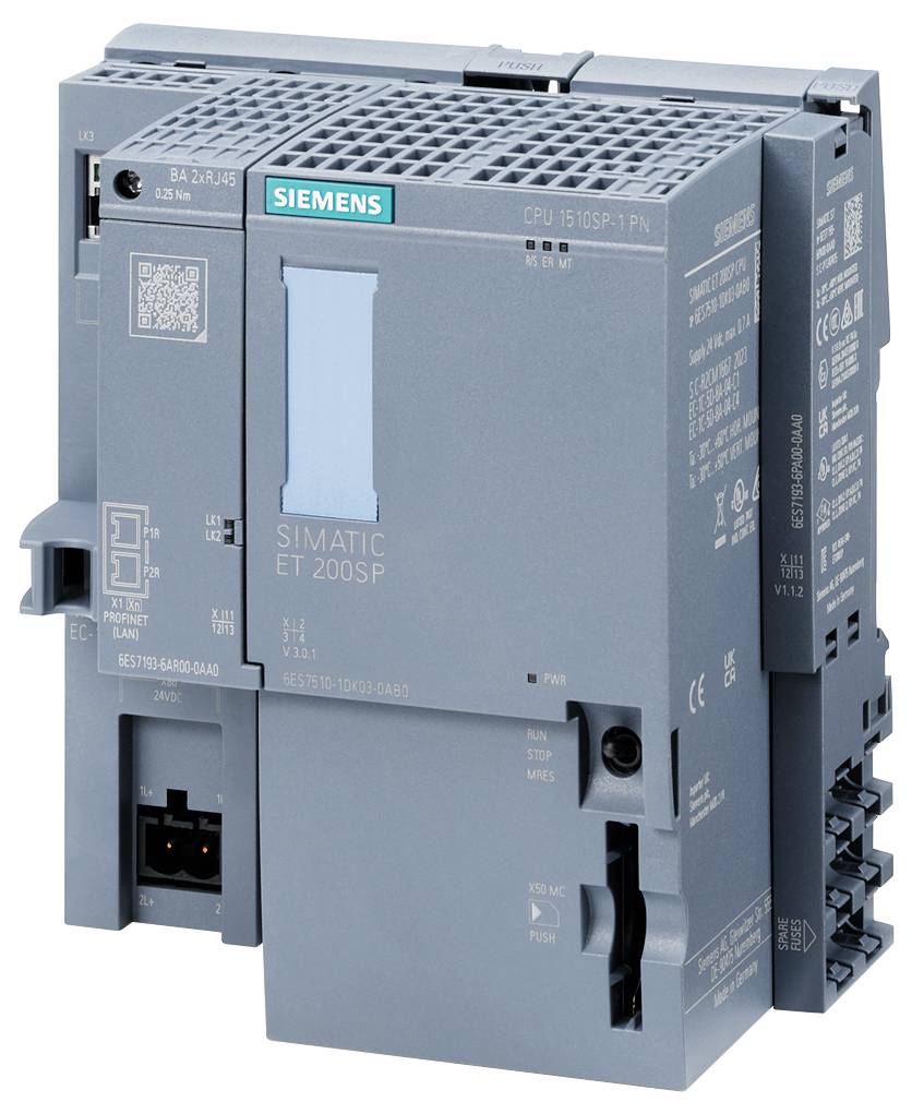 Egy szürke Siemens SIMATIC ET 200SP modul több csatlakozóval, kapcsolóval és Siemens logóval, ipari alkalmazásokhoz alkalmas.