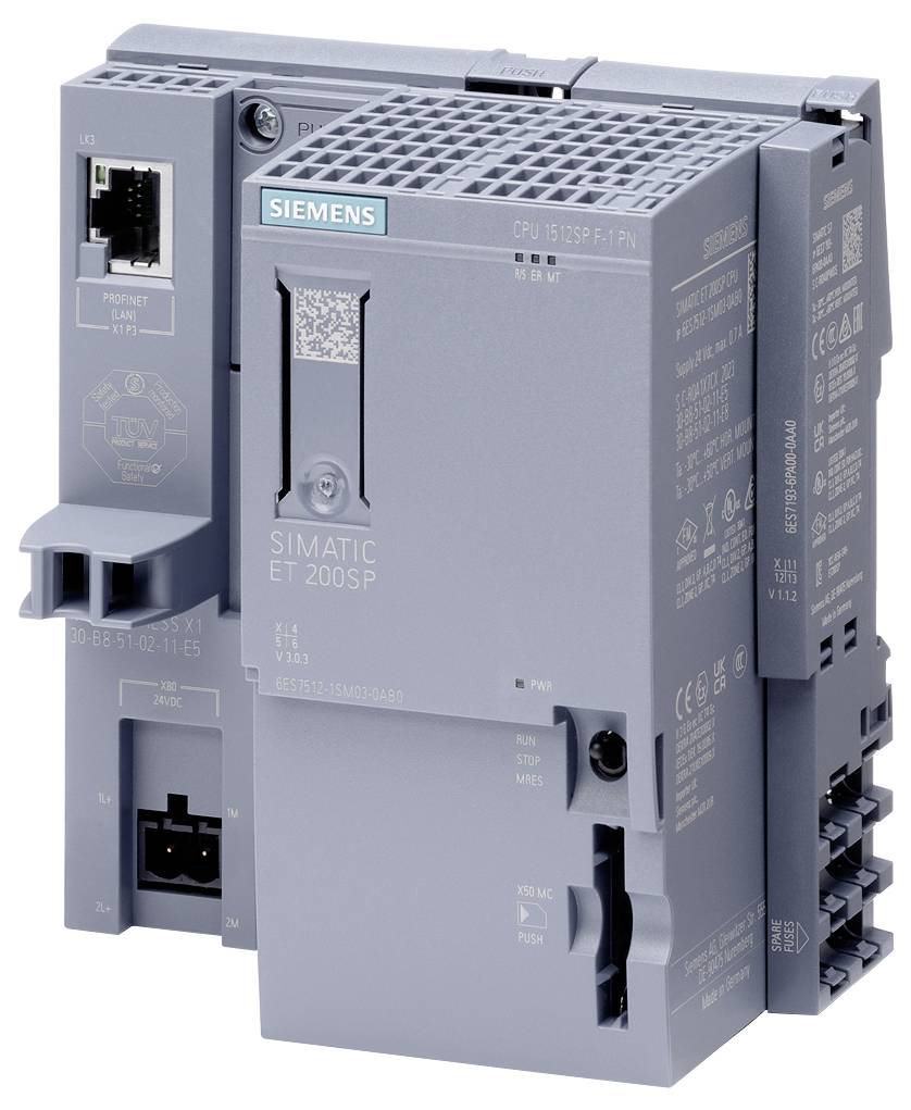 Siemens ipari vezérlőegység, 'SIMATIC ET 200SP' modell, elölről látható hálózati csatlakozókkal és kezelőelemekkel.