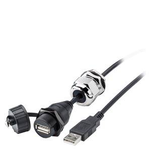 Egy fekete USB-kábel két véggel: egy szabvány USB-csatlakozóval és egy vízálló USB-porttal, amelyet védősapka zár le.