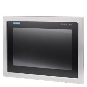 Egy Siemens Simatic HMI kezelőpanel ezüstös házban. A kijelzőn nem láthatók specifikus információk.