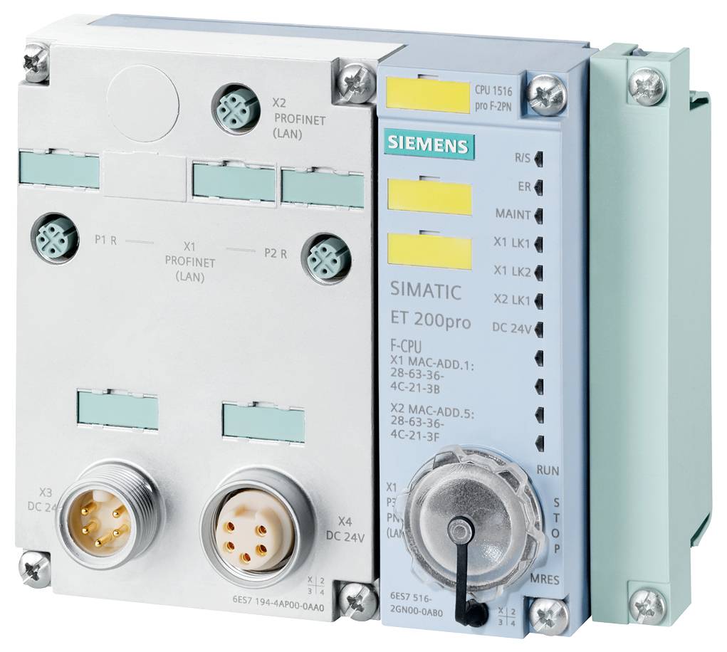 'Siemens SIMATIC ET 200pro', egy moduláris automatizálási rendszer Profinet-csatlakozásokkal és dugaszolható kapcsolatokkal ipari alkalmazásokhoz.
