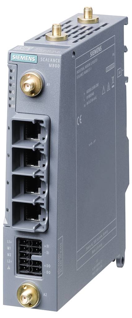 Szürke-kék Siemens Scalance M800 modul több hálózati csatlakozóval és aranyszínű antennacsatlakozókkal.