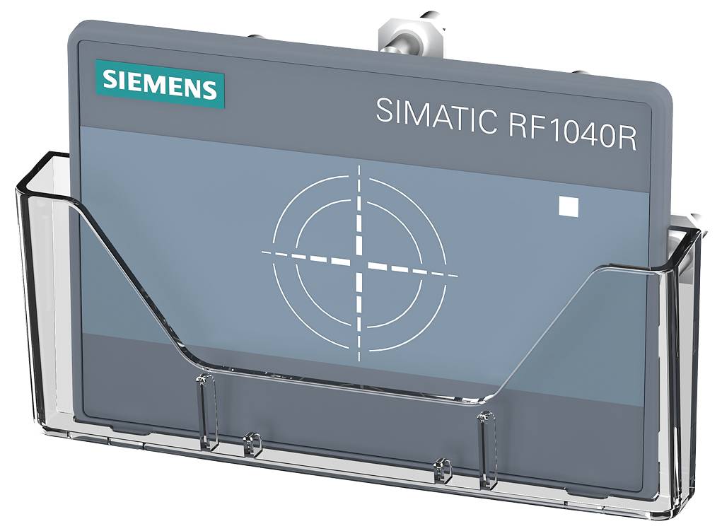 Egy Siemens SIMATIC RF1040R RFID-olvasó készülék ábrája, amely egy tartóban van elhelyezve.
