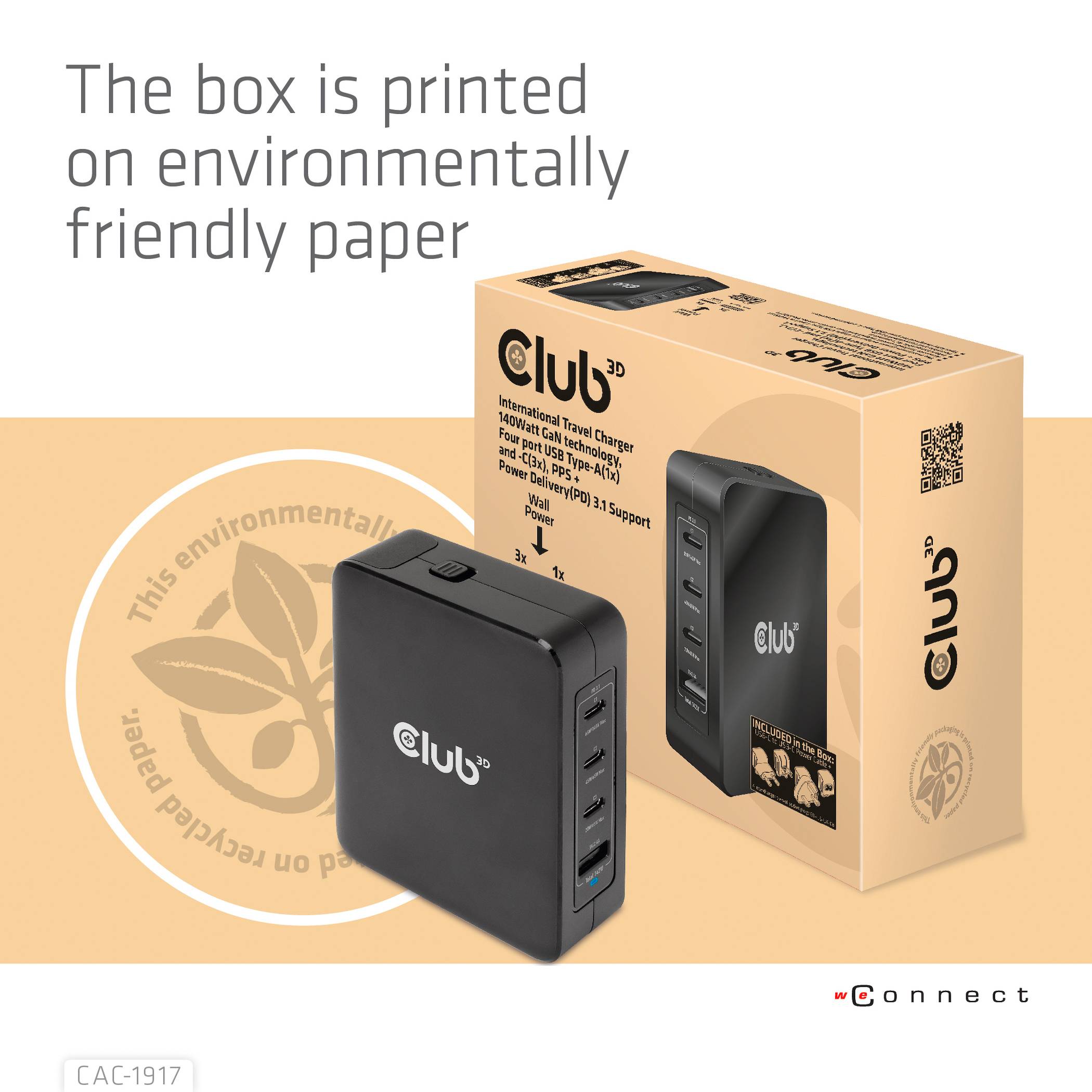 A töltő csomagolása környezetbarát papírra van nyomtatva, és bemutatja a Club3D többportos USB-töltőt.
