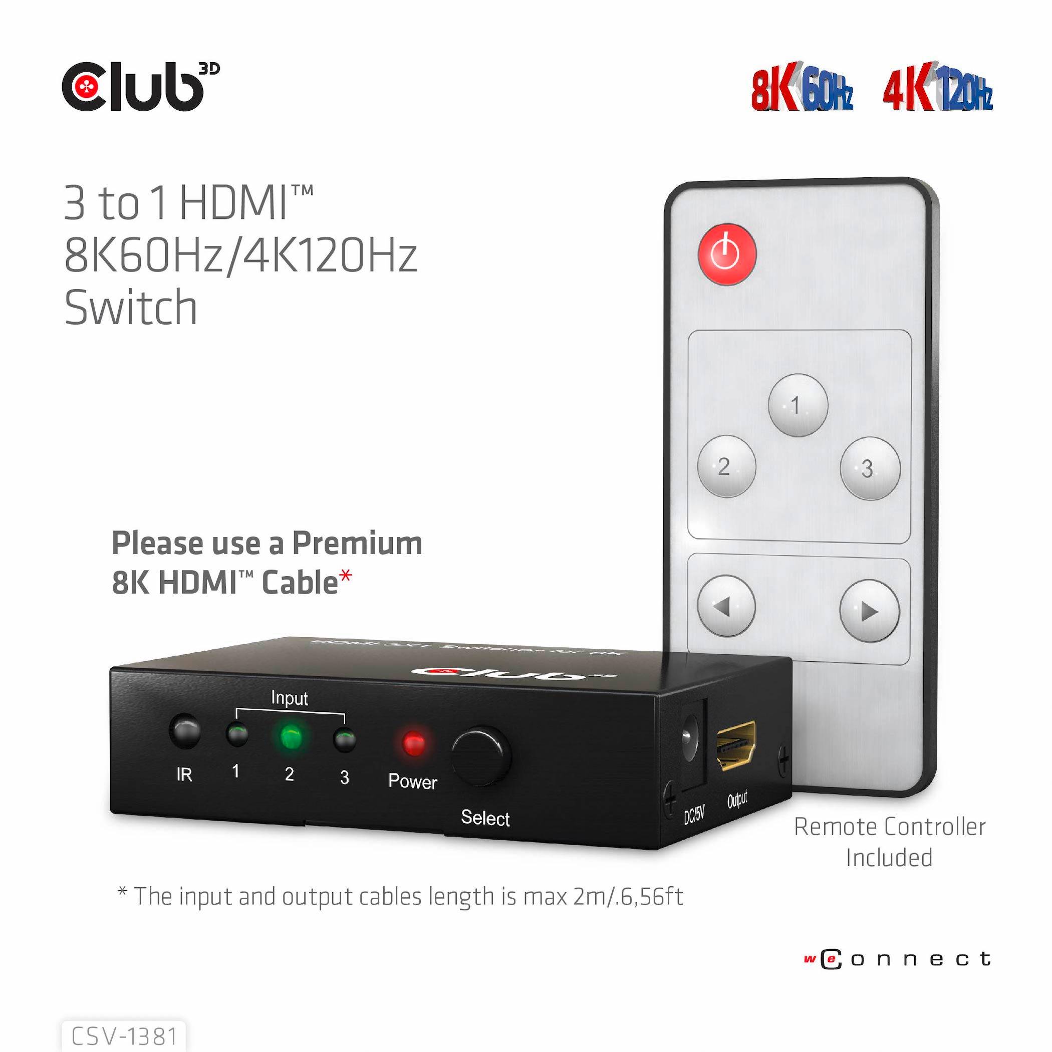 '3-az-1-ben HDMI 8K60Hz/4K120Hz kapcsoló' távirányítóval és prémium 8K HDMI-kábel ajánlattal. Megjegyzés a kábel hosszáról: max. 2 m/6,56 láb.