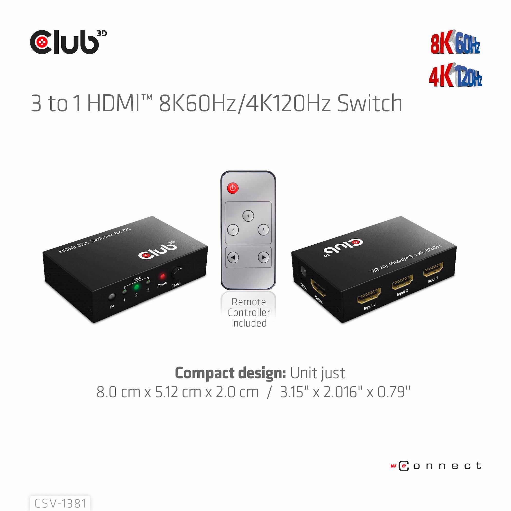 '3:1 HDMI 8K60Hz/4K120Hz elosztó' és 'Távirányító', méretei: 8,0 x 5,2 x 2,0 cm. Jelölés: 'Connect', 'CSV-1381'.