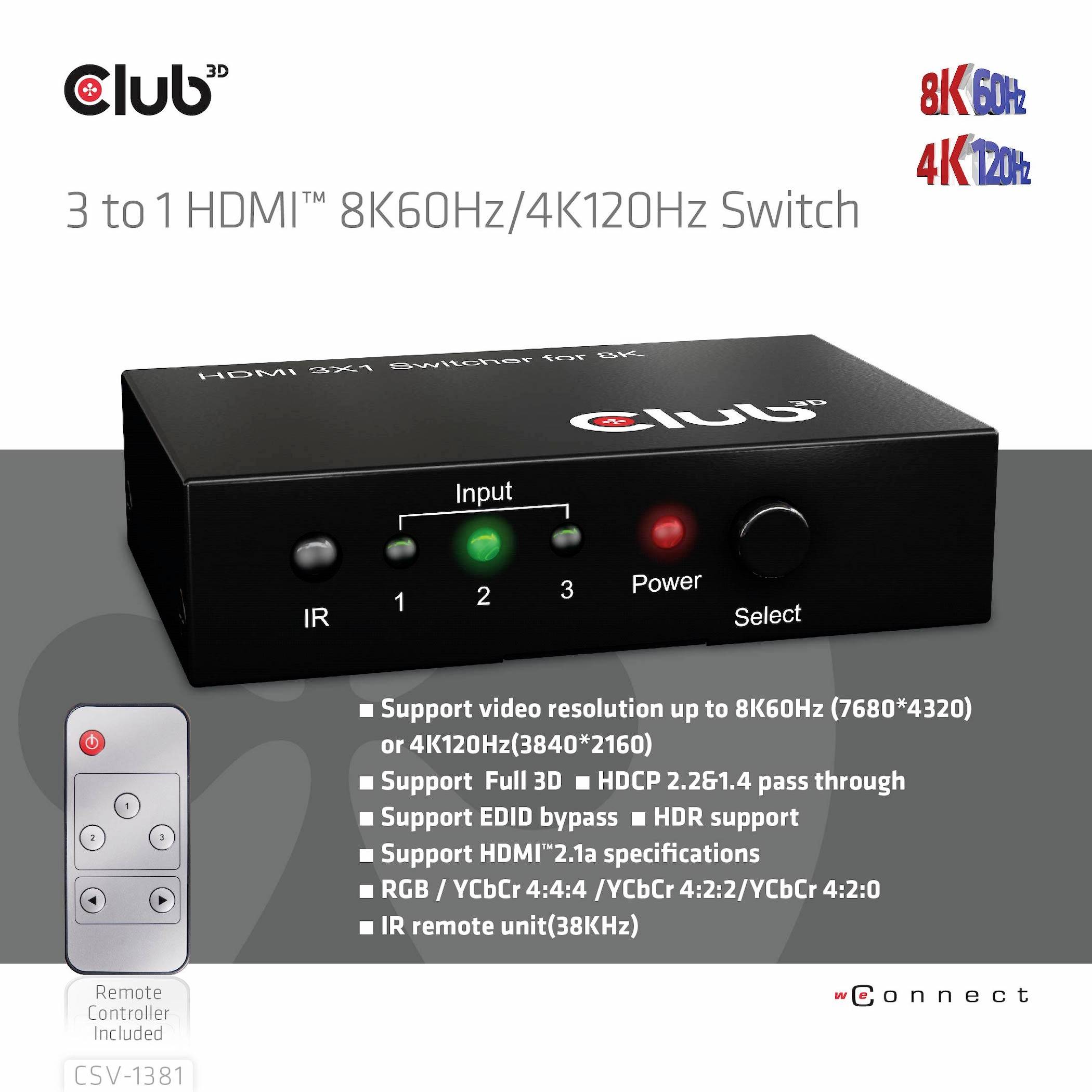 3-az-1-ben HDMI 8K60Hz/4K120Hz kapcsoló, négy gombbal az elülső oldalán, 8K és 4K támogatással, kompatibilitási és csatlakozási részletekkel.