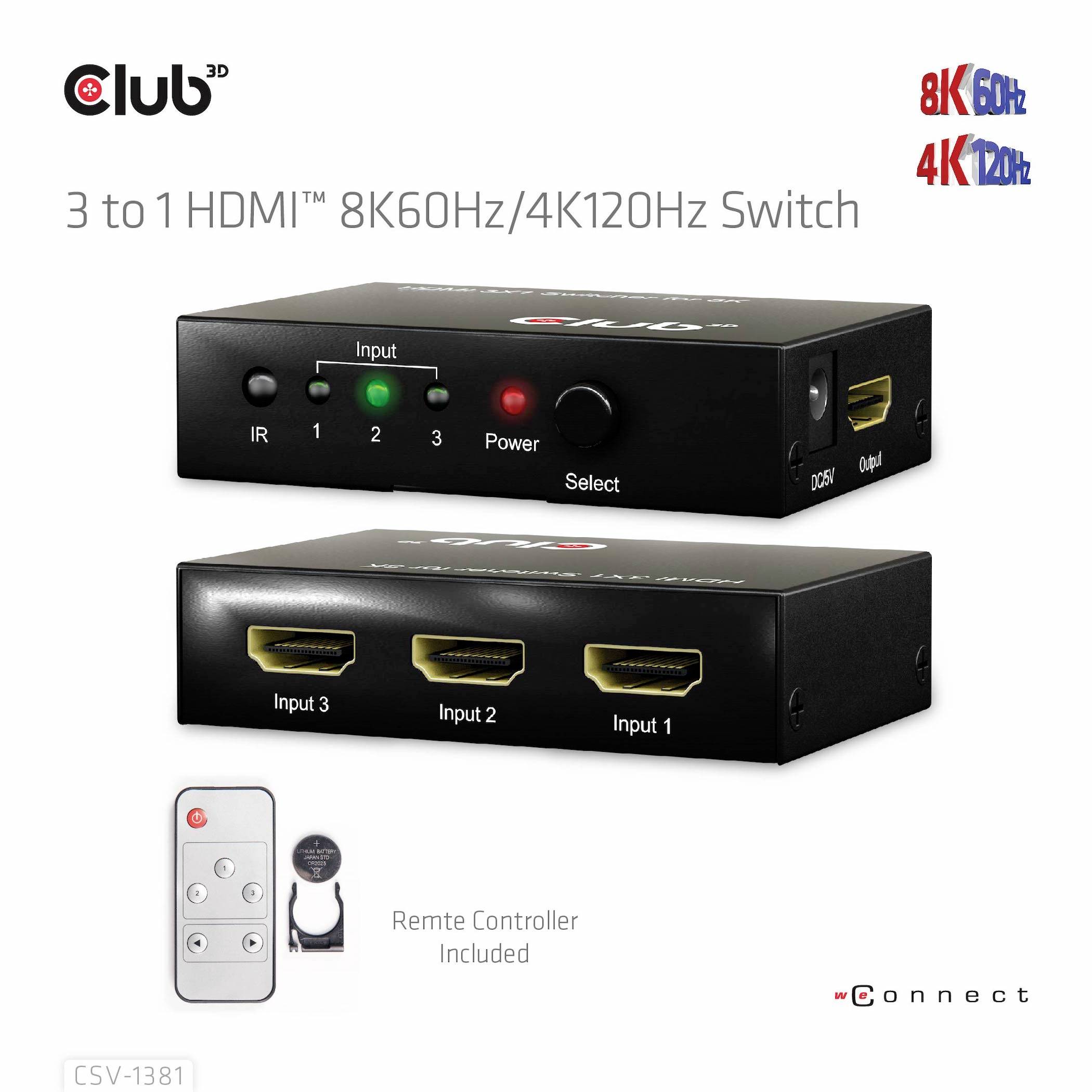 3 az 1-hez HDMI 8K60Hz/4K120Hz kapcsoló eszköz, amely három bemenetet és egy távirányítót mutat. Támogatja a 8K és 4K felbontást.