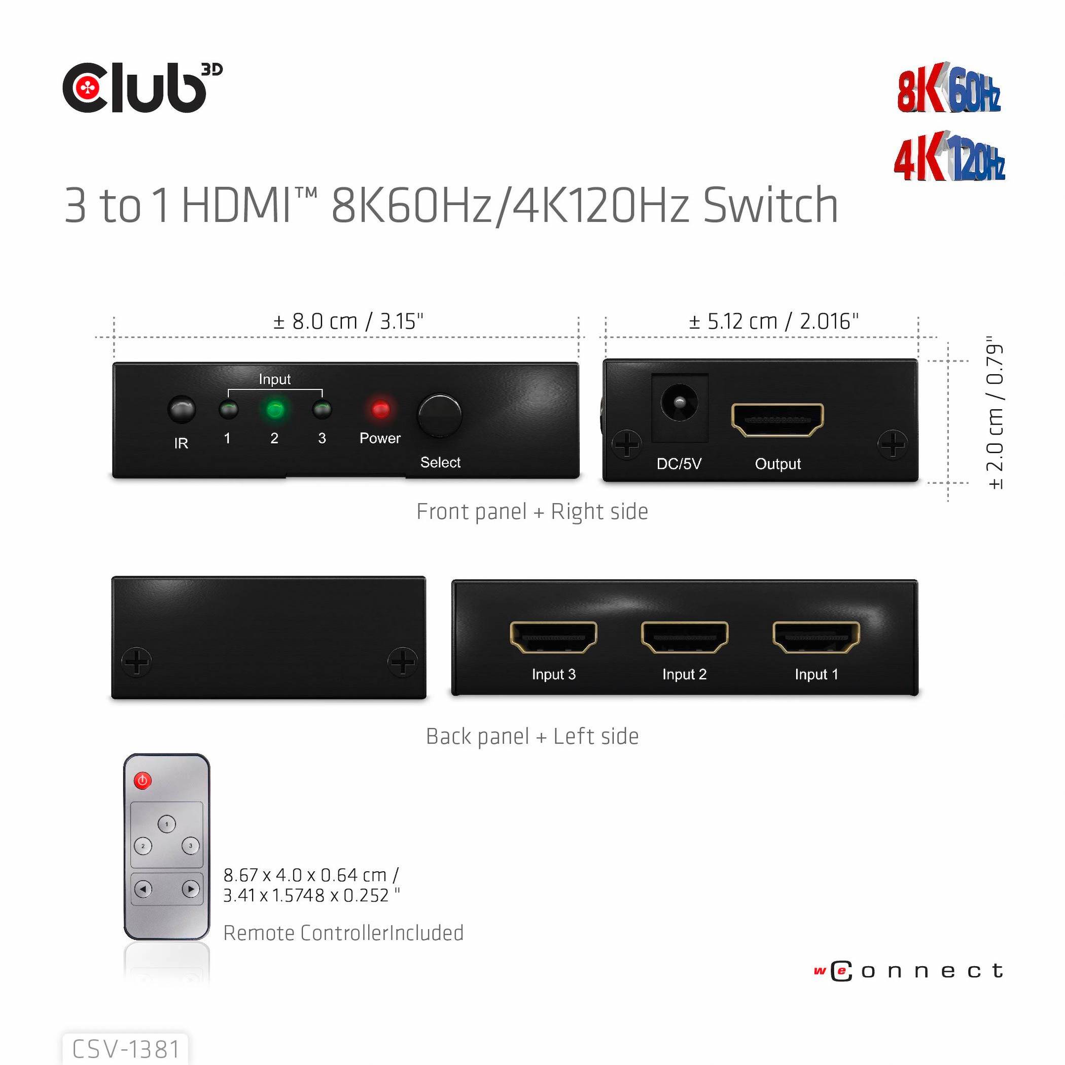 '8K60Hz/4K120Hz HDMI-elosztó' mutatja az HDMI-elosztó első és hátsó nézetét, infravörös vevővel és távirányítóval. Ideális eszköz a különböző eszközök közötti váltáshoz.