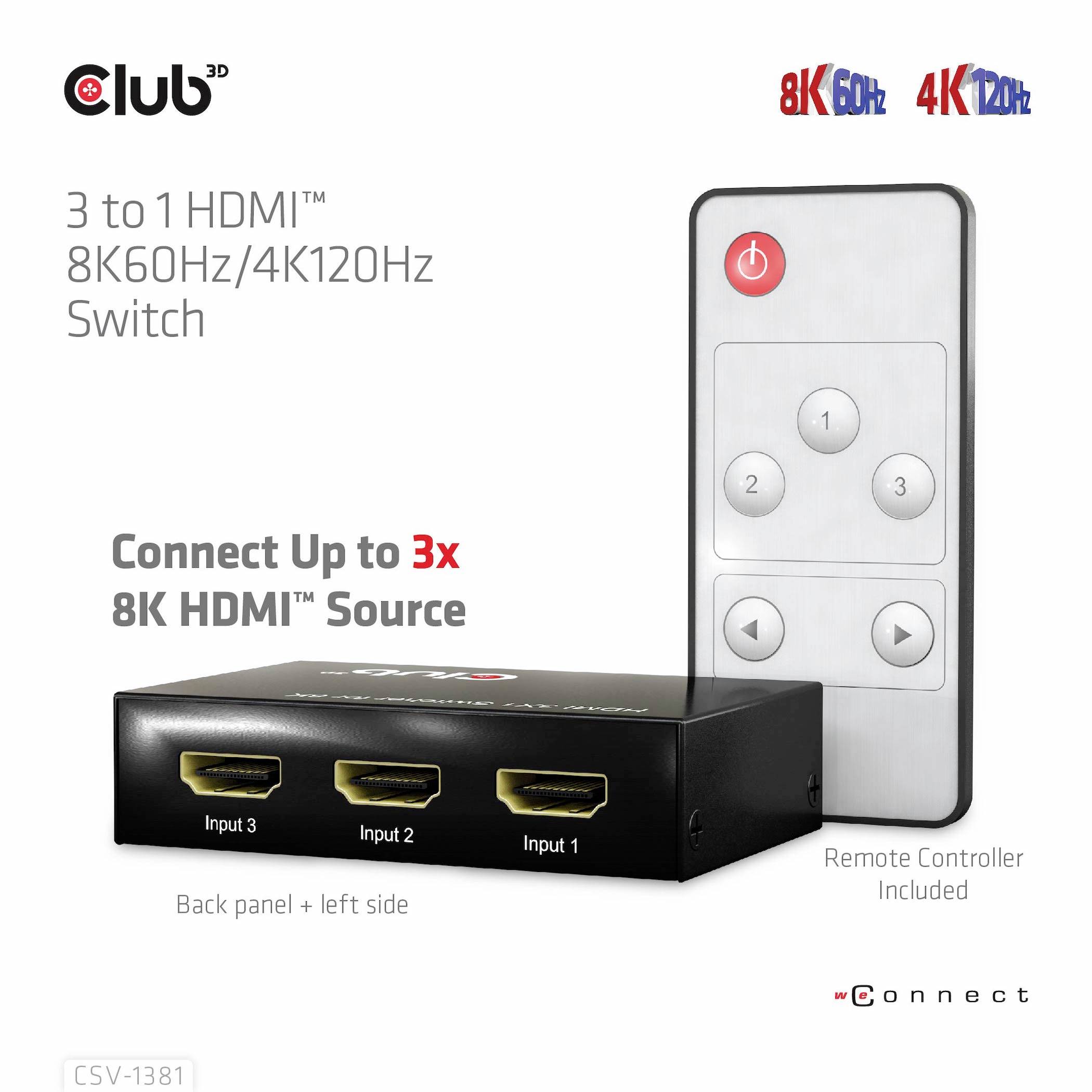 3-az-1-ben HDMI 8K60Hz/4K120Hz kapcsoló távirányítóval és három HDMI-bemenettel, amelyek az 'Input 1', 'Input 2', 'Input 3' felirattal vannak ellátva.