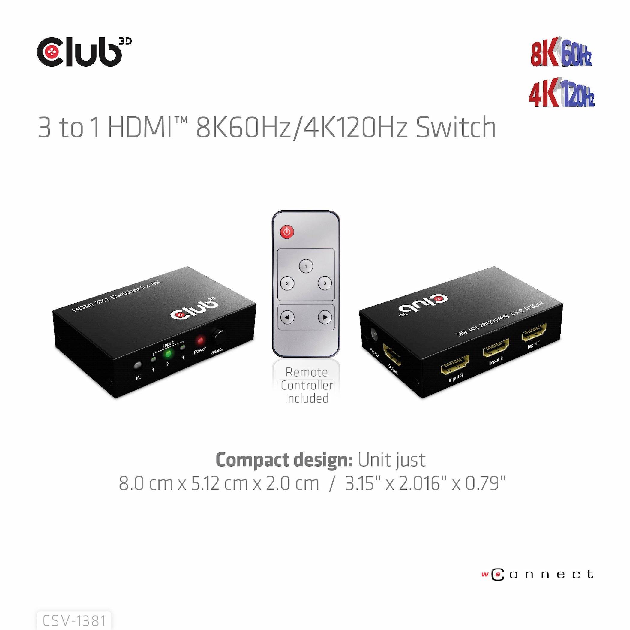 Hármas HDMI-elosztó távirányítóval. Támogatja a 8K60Hz és 4K120Hz felbontást. A készülék méretei: 8,0 cm x 5,12 cm x 2,0 cm.