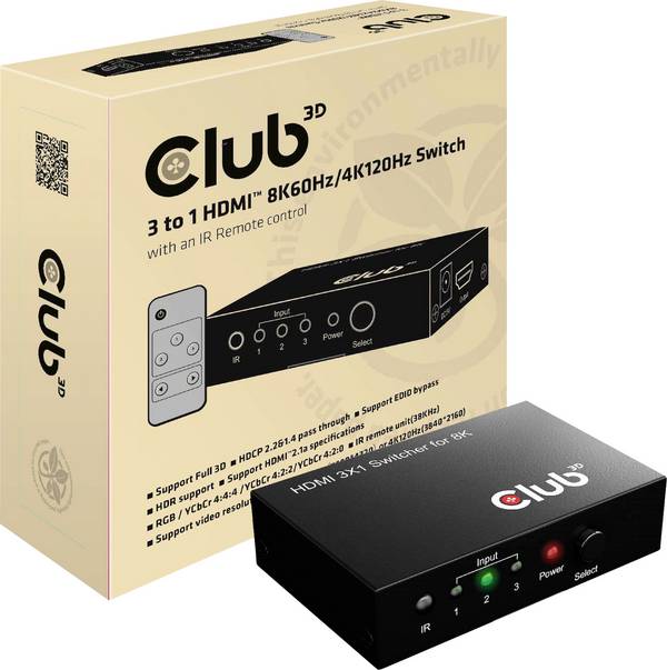 club3D HDMI Switchbox 3 port HDMI switch Távirányítóval 7680 x 4320 pixel