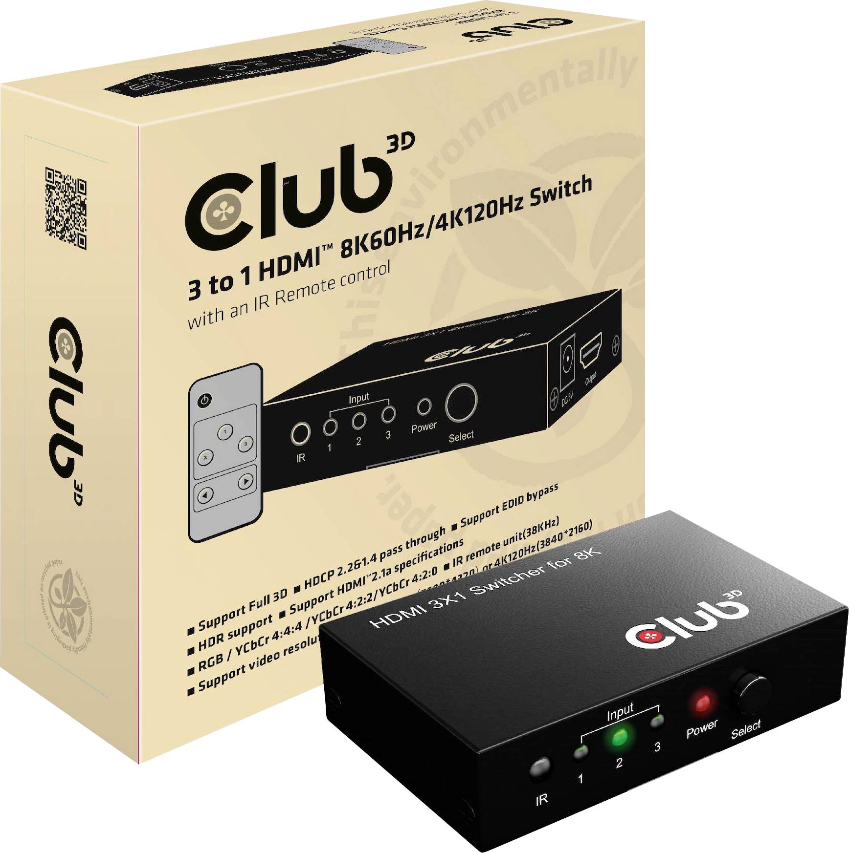 'Club 3D 3-az-1-ben HDMI 8K60Hz/4K120Hz kapcsoló' infravörös távirányítóval. Csomag és eszköz csatlakozókkal és gombokkal.