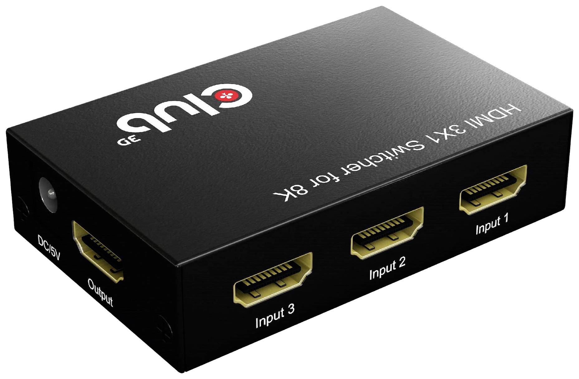 Fekete HDMI-elosztó három bemenettel és egy kimenettel, 'HDMI 3x1 Elosztó 8K' felirattal.