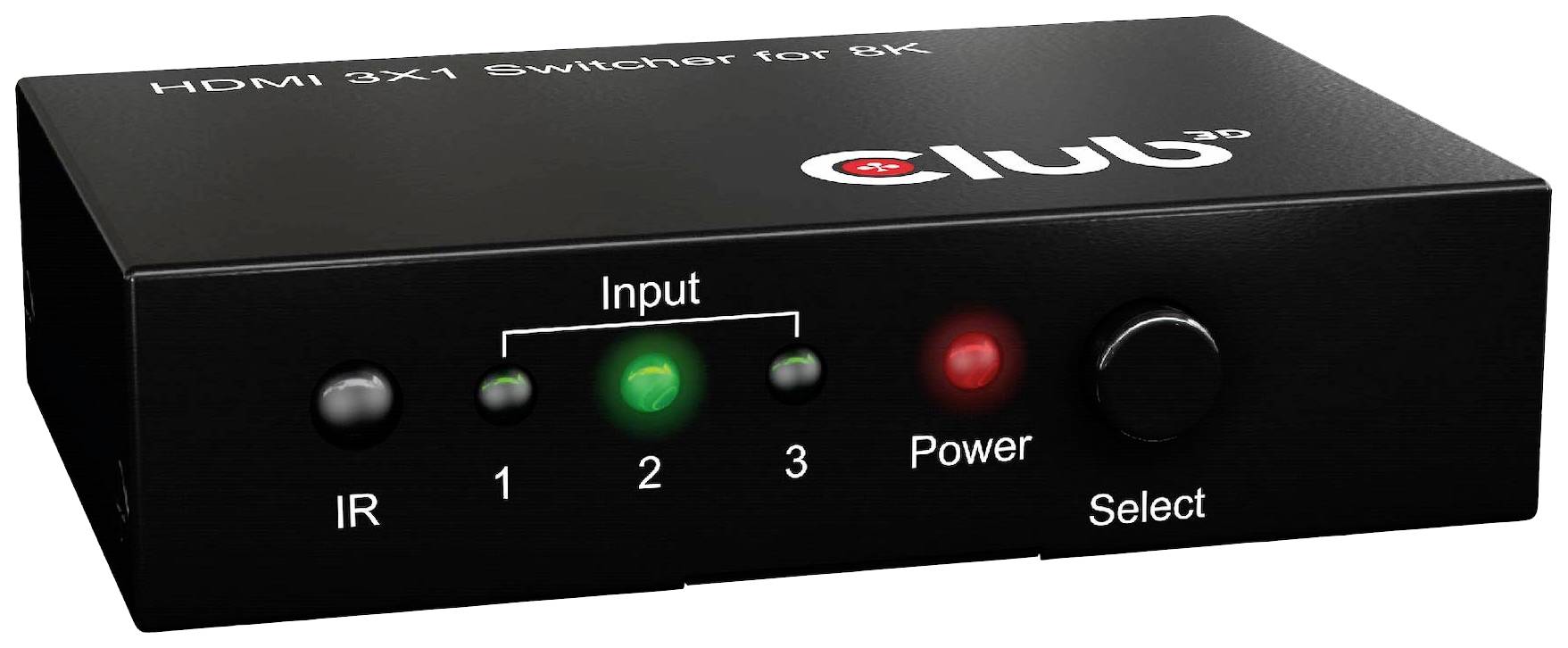 Egy HDMI 3x1 kapcsoló, amely akár három HDMI bemenet vezérlésére alkalmas, infravörös érzékelővel, valamint a bemenetek és a tápellátás állapotát jelző LED-fényekkel.