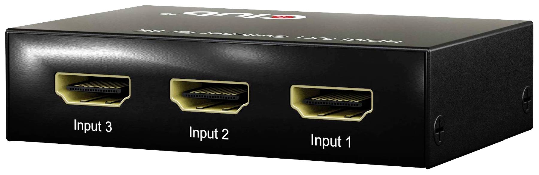 Egy fekete HDMI-kapcsoló három bemenettel, amelyek 'Input 1', 'Input 2', 'Input 3' felirattal vannak ellátva. Tökéletes több eszköz egy képernyőhöz történő csatlakoztatásához.