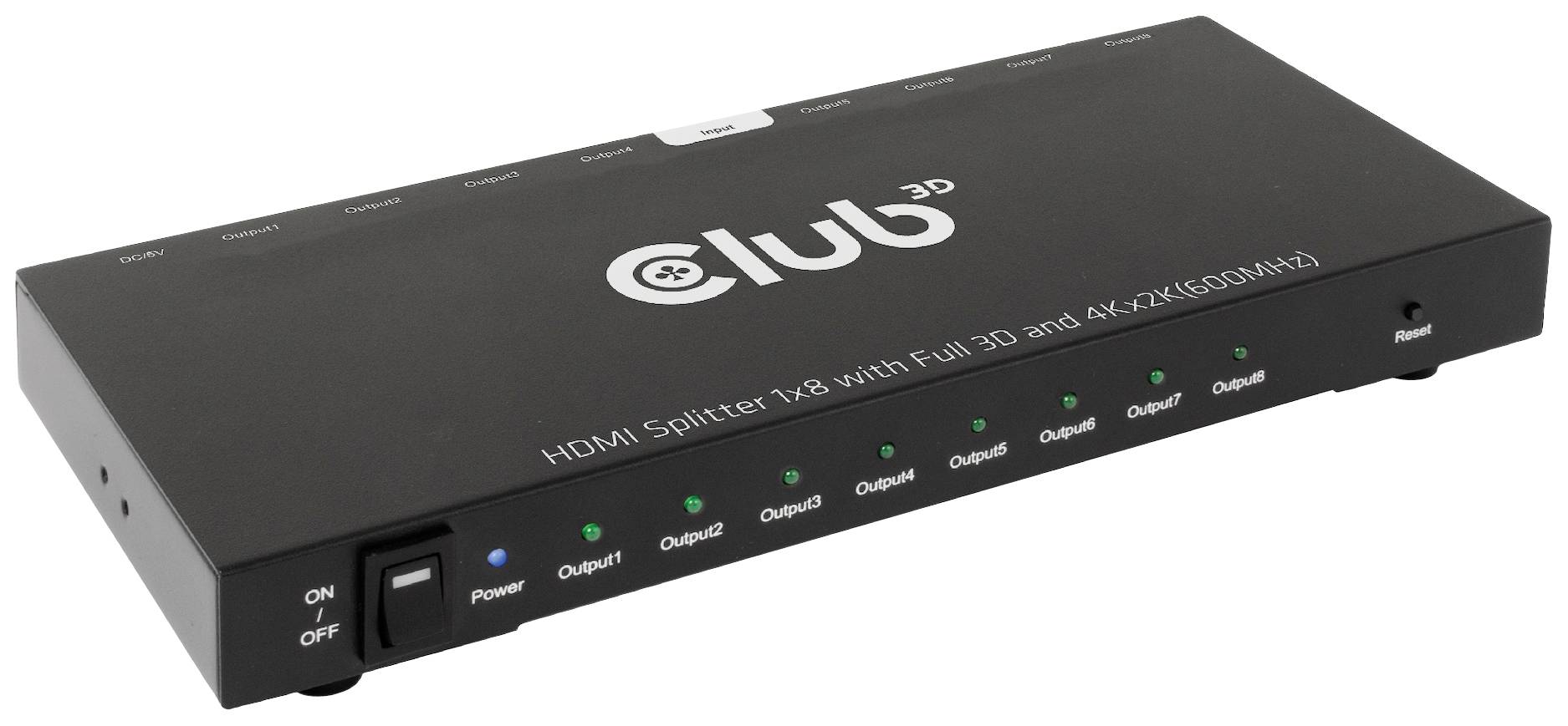 Fekete, nyolc kimenetes HDMI-elosztó a Club3D-tól, világító állapotjelző LED-ekkel és egy be-/kikapcsolóval bal oldalon elöl.