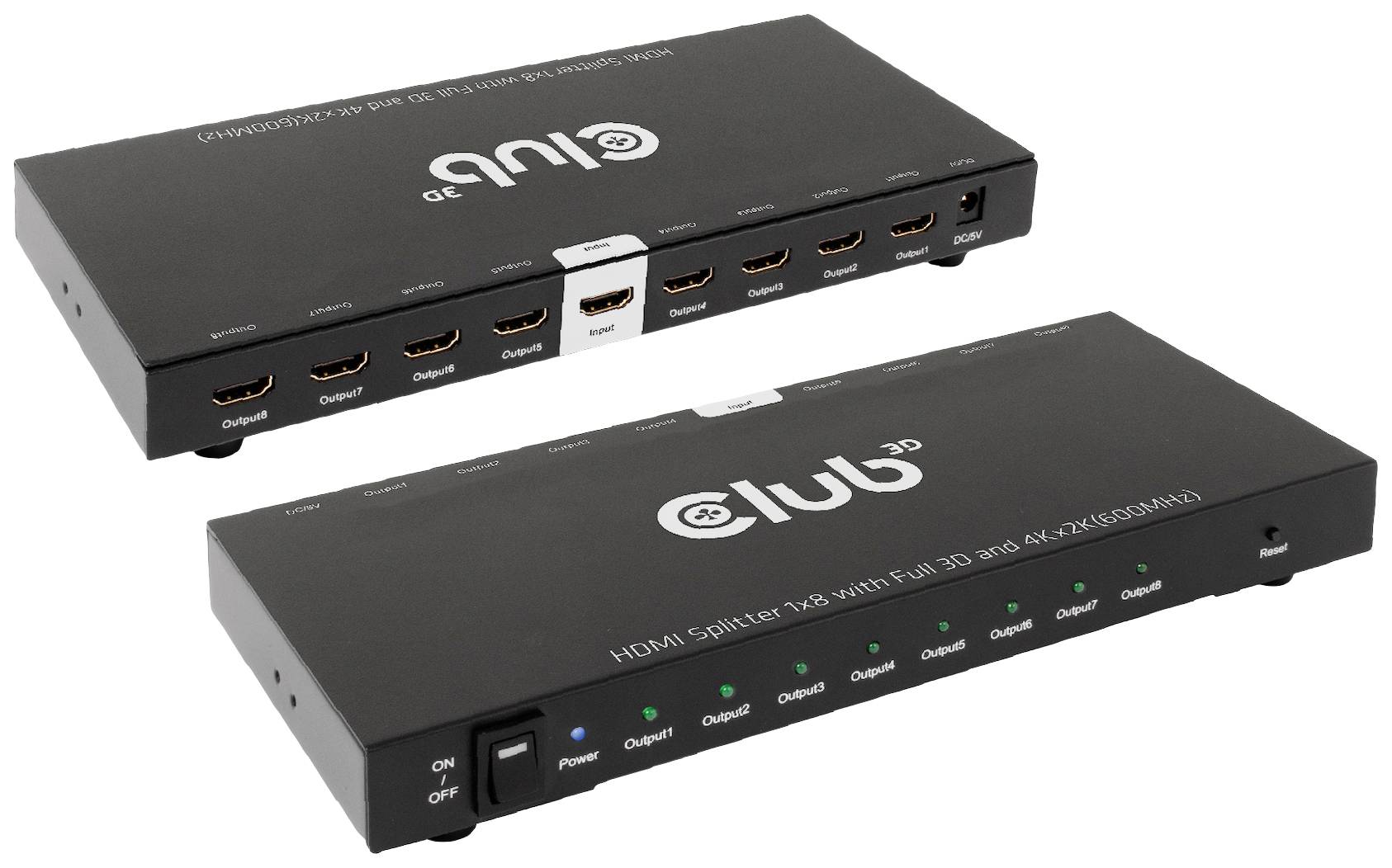 Két fekete HDMI-elosztó a Club 3D-től, mindegyik több bemenettel és kimenettel. Az előlap mutatja a csatlakozókat és az állapotjelző LED-eket.