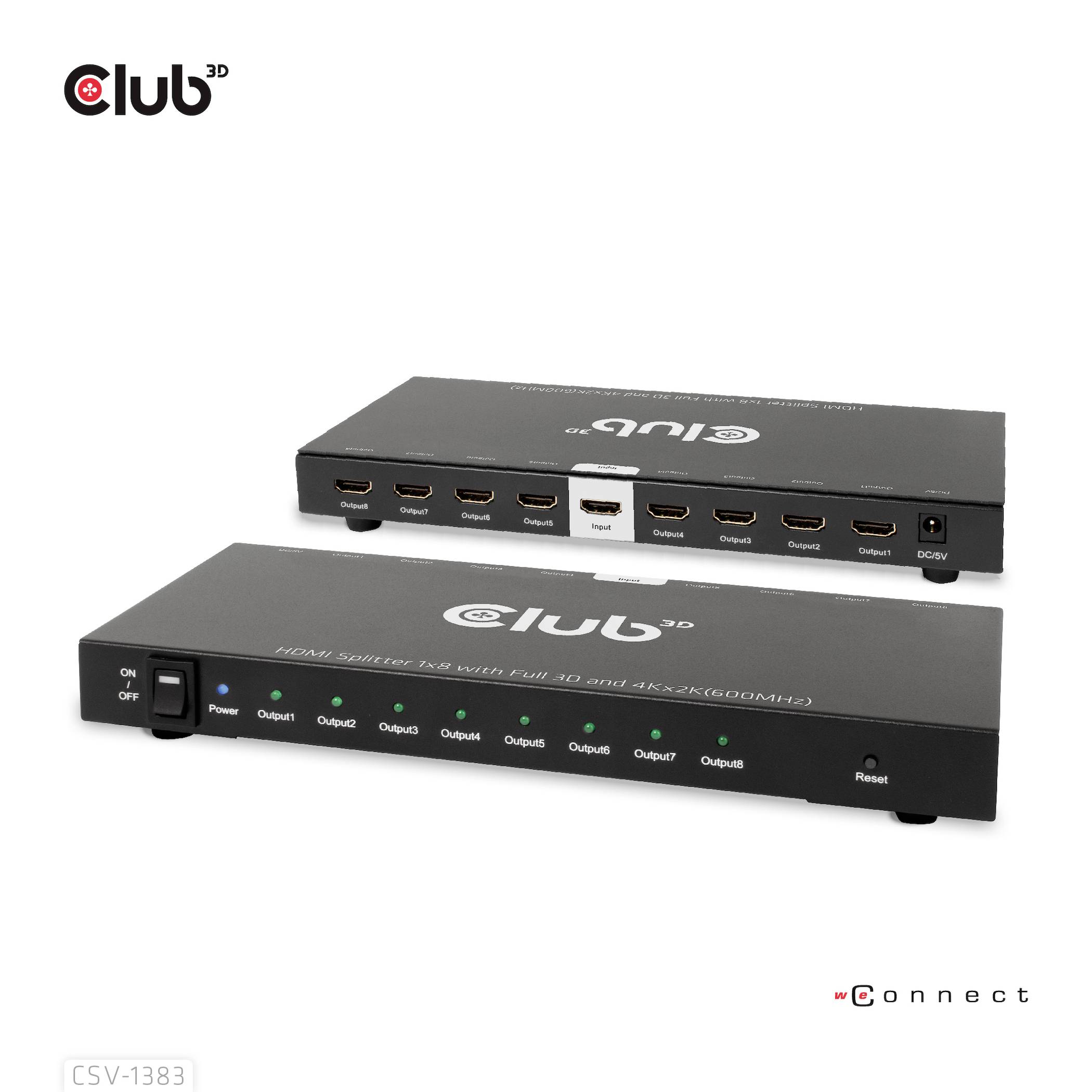 Club 3D HDMI Elosztó, két fekete eszköz HDMI-csatlakozókkal, 1 bemenettel és 8 kimenettel. Alkalmas Full 3D és 4Kx2K átvitelekhez.